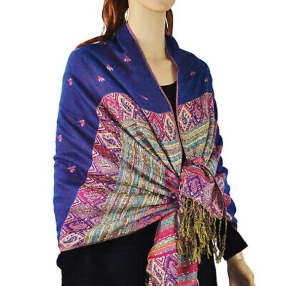 Pashmina Shawl/Scarf Multicolor w/Embroidered Designs & Tassels - Picture 7 of 15